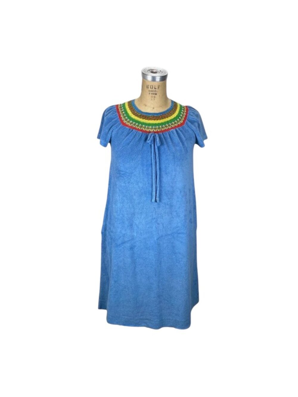 1970s Terry cloth dress cover up blue with woven multicolored yoke by Shadowline